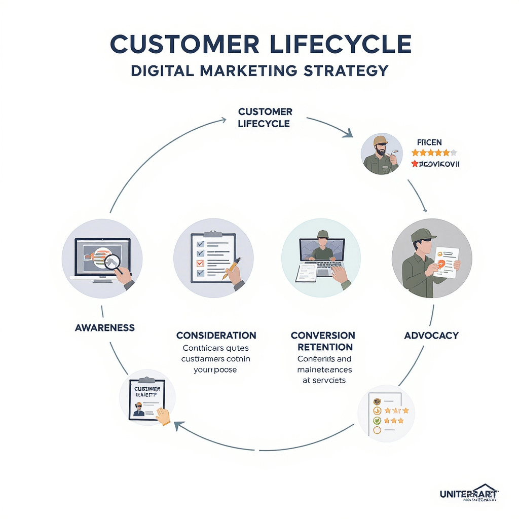 Customer lifecycle visualization showing how roofing company digital marketing builds long-term relationships