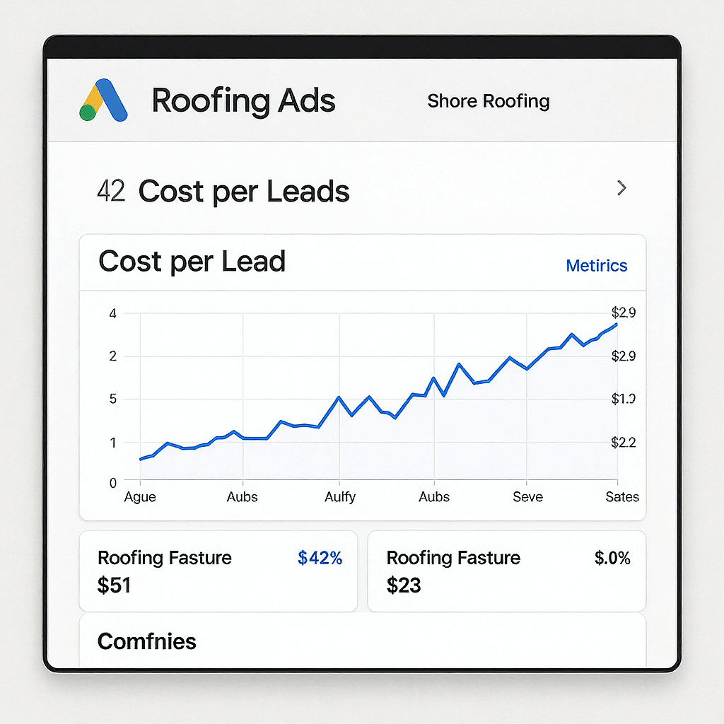 Google Ads campaign results for roofing company digital marketing with cost per lead metrics