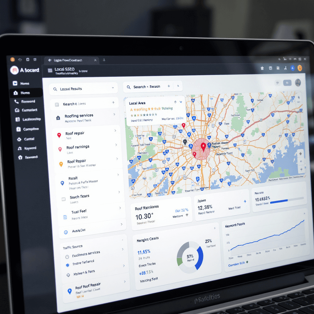 Local SEO results for roofing company digital marketing showing Google search rankings