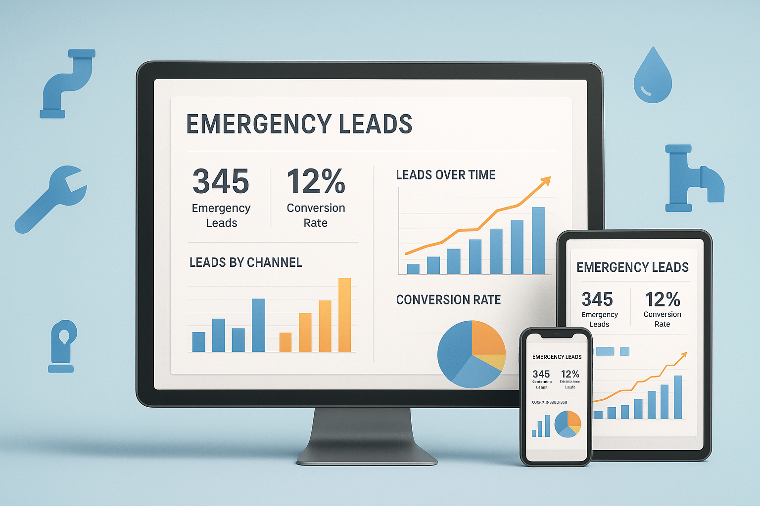 Plumbing contractor digital marketing dashboard showing emergency lead generation and conversion metrics