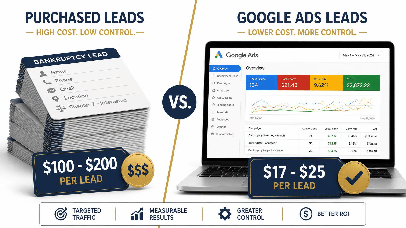 Bankruptcy leads comparison — Google Ads vs. purchased leads for attorneys