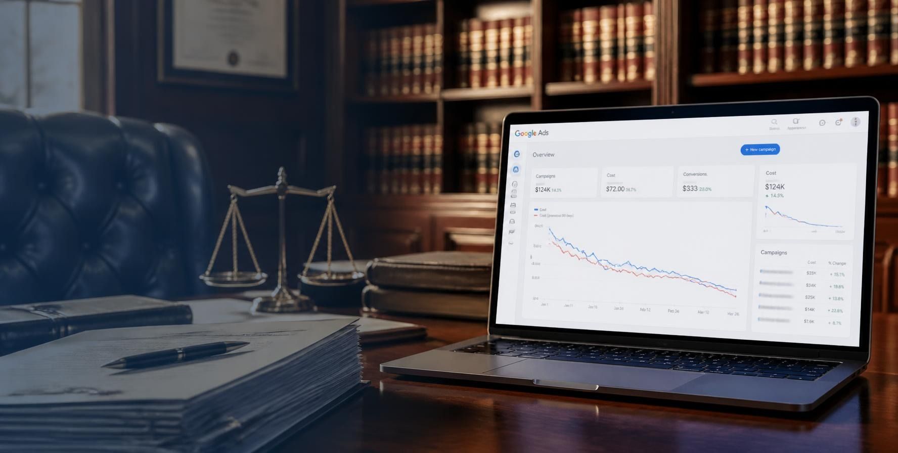 Family law attorney Google Ads dashboard showing cost per lead reduction