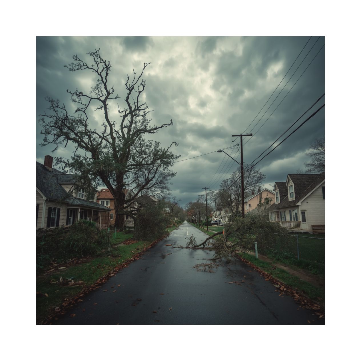 Residential neighborhood after storm damage — roofing digital marketing storm response